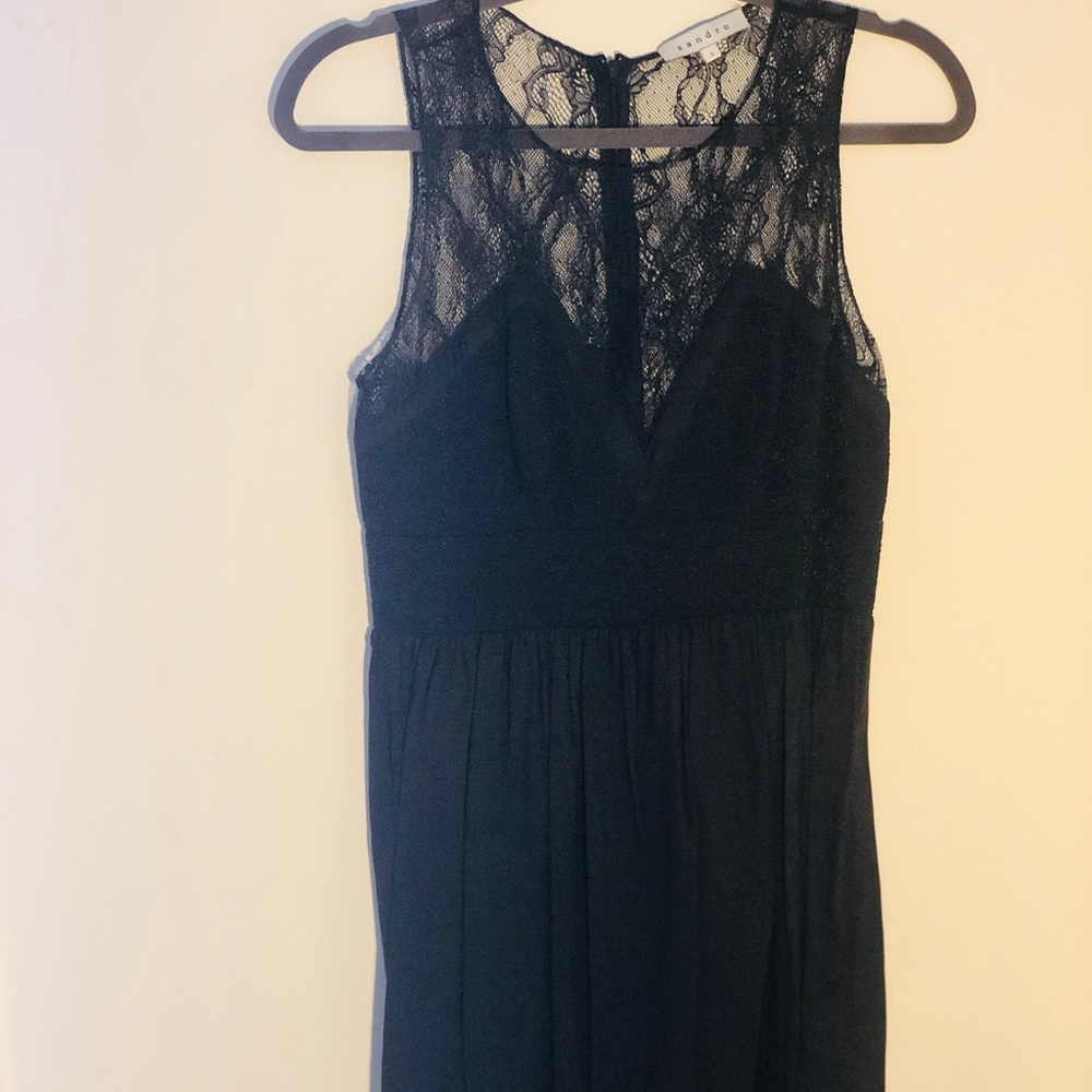 Black Sandro cocktail dress with lace décolleté